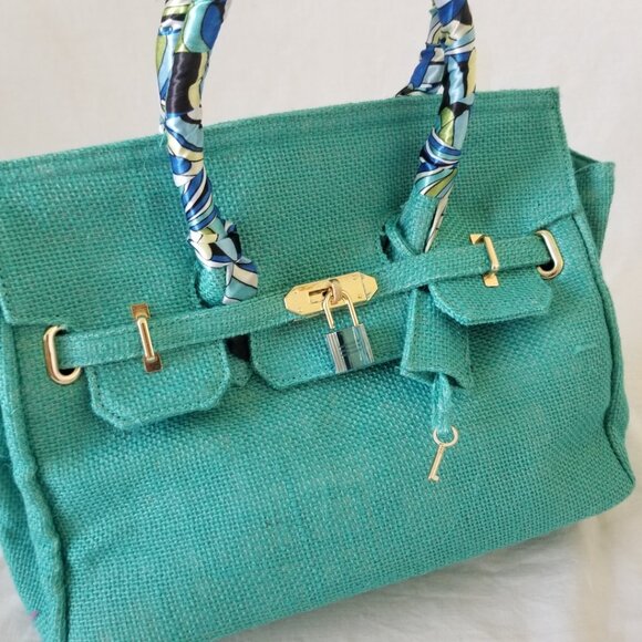 NWOT! Woven Jute Tote Handbag Purse with Scarf Handle and Lockable Front Straps - Picture 4 of 14